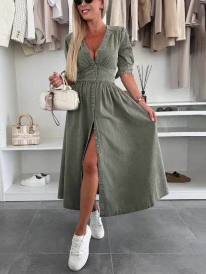 Unique Pleats Solid Color V-Neck Button-Down Denim Midi Dress