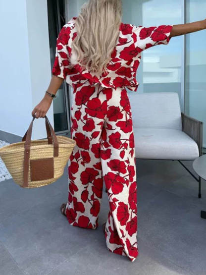 Modern Casual Satin Floral Print High Waist Pocket Wide Leg Pants
