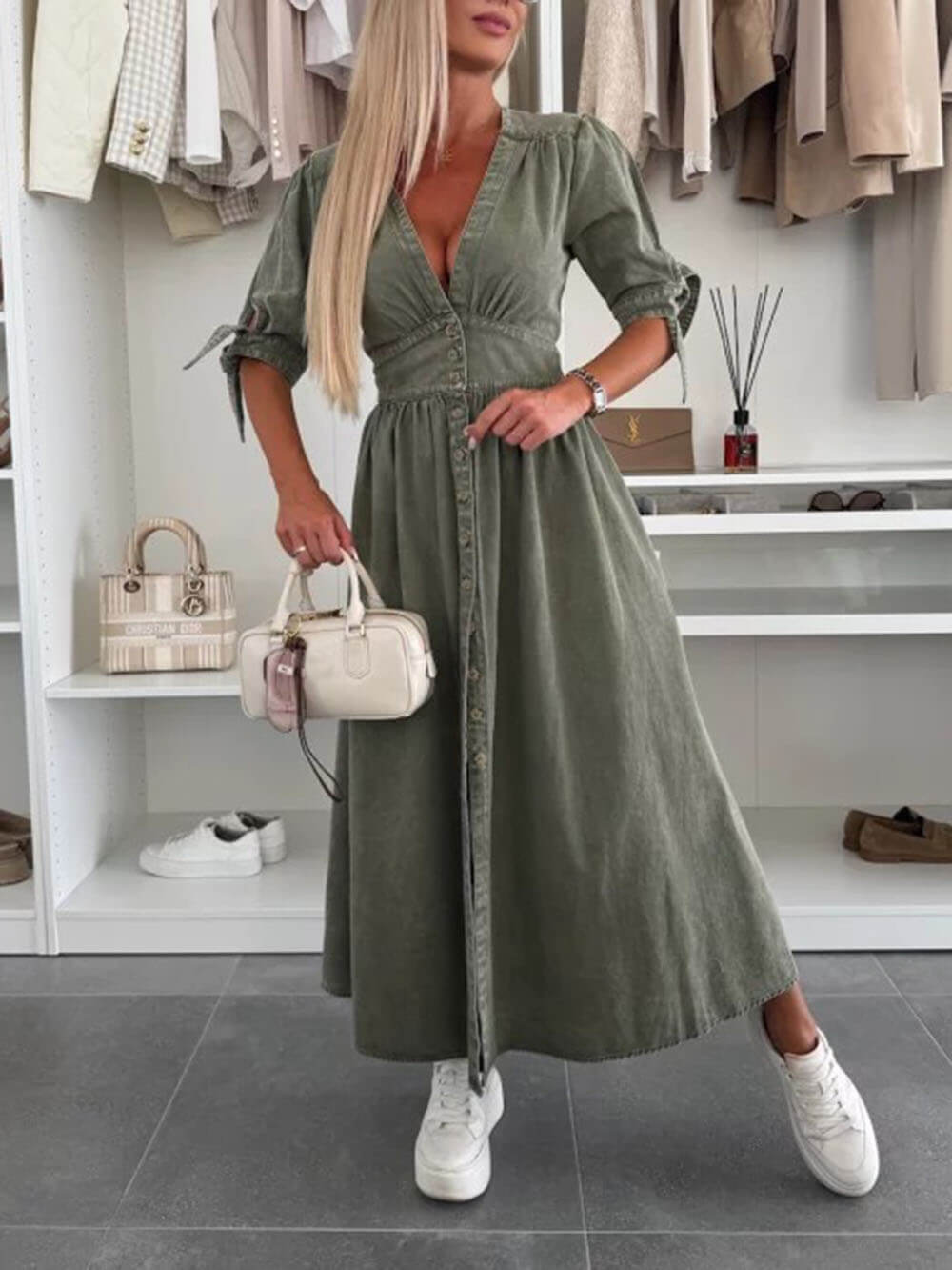 Unique Pleats Solid Color V-Neck Button-Down Denim Midi Dress