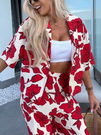 Modern Casual Satin Floral Print High Waist Pocket Wide Leg Pants