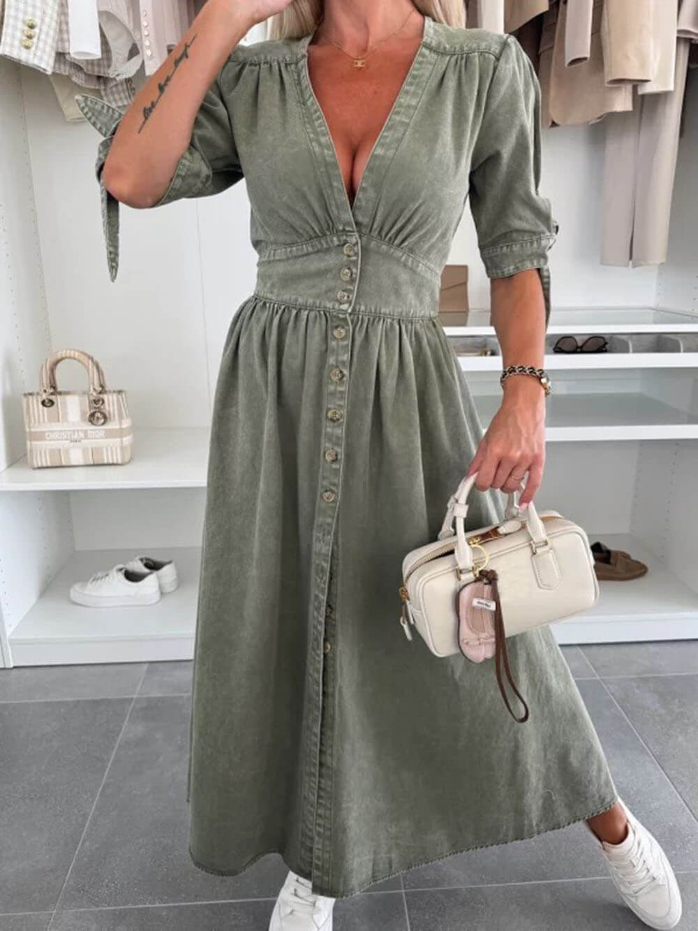 Unique Pleats Solid Color V-Neck Button-Down Denim Midi Dress
