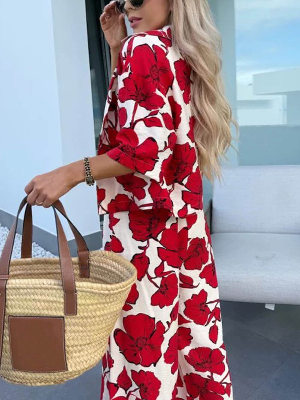 Modern Casual Satin Floral Print High Waist Pocket Wide Leg Pants