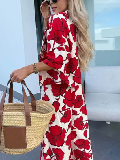 Modern Casual Satin Floral Print High Waist Pocket Wide Leg Pants