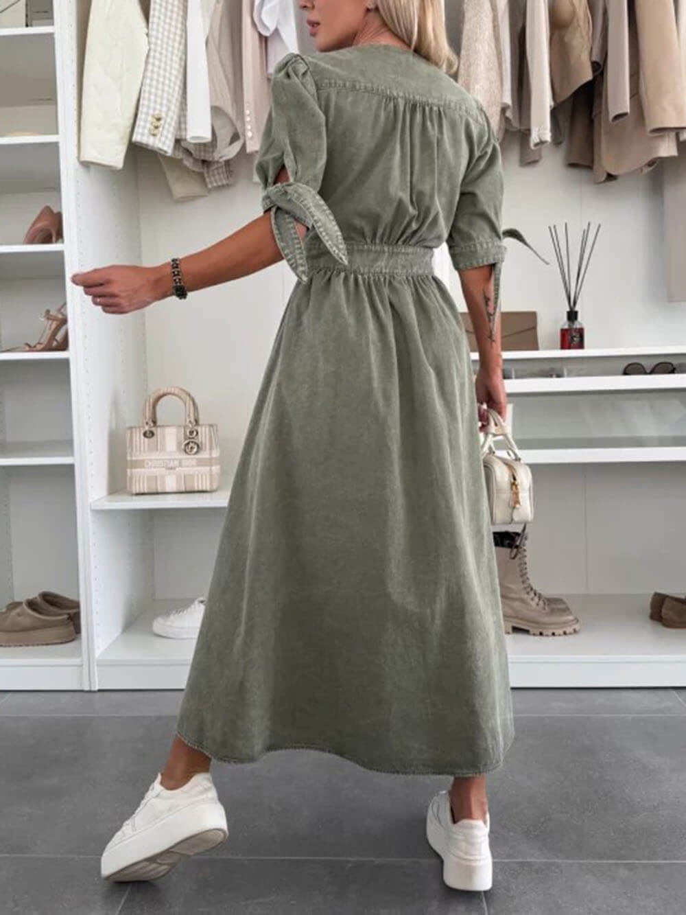 Unique Pleats Solid Color V-Neck Button-Down Denim Midi Dress