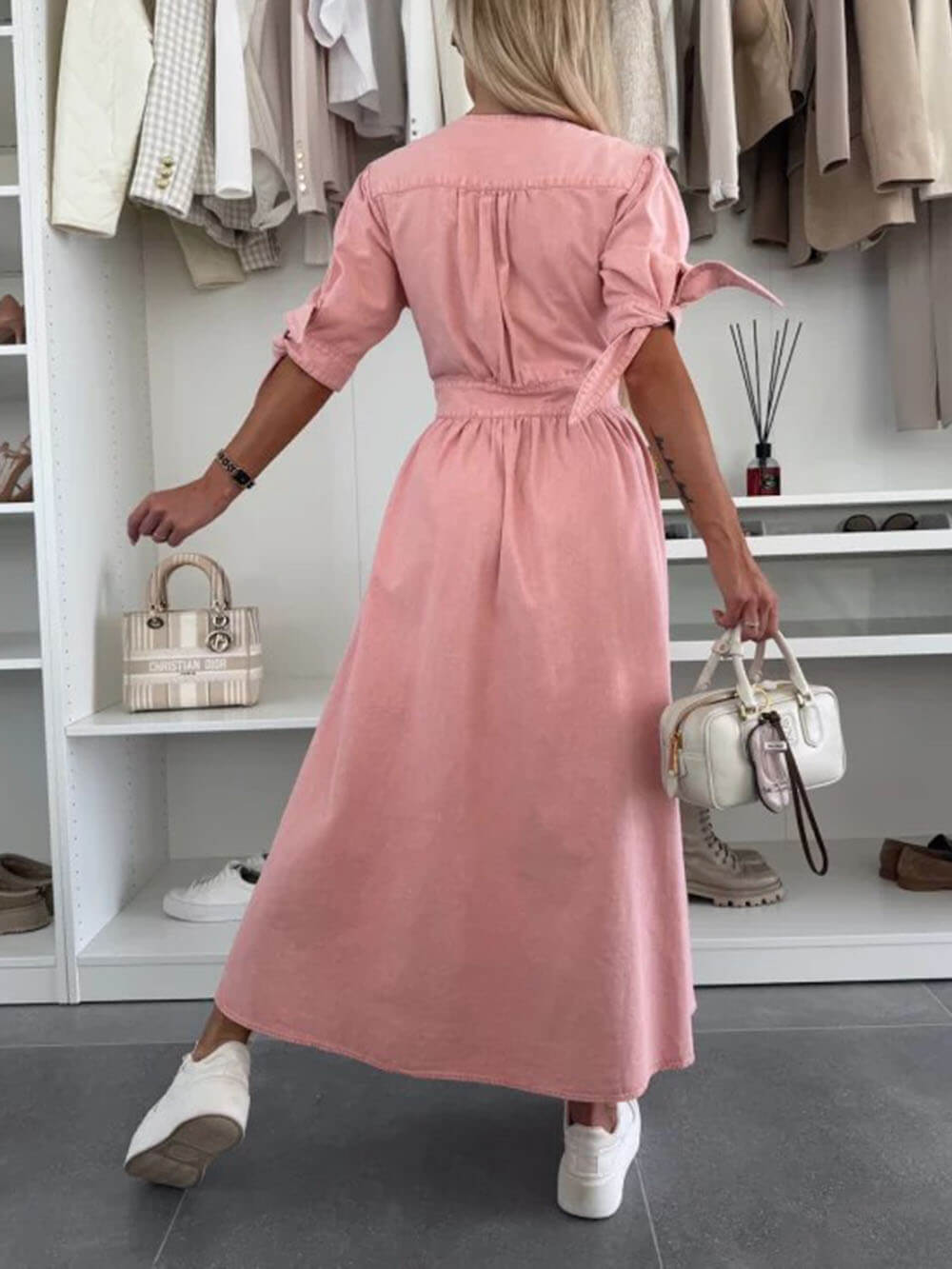 Unique Pleats Solid Color V-Neck Button-Down Denim Midi Dress