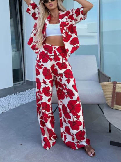 Modern Casual Satin Floral Print High Waist Pocket Wide Leg Pants