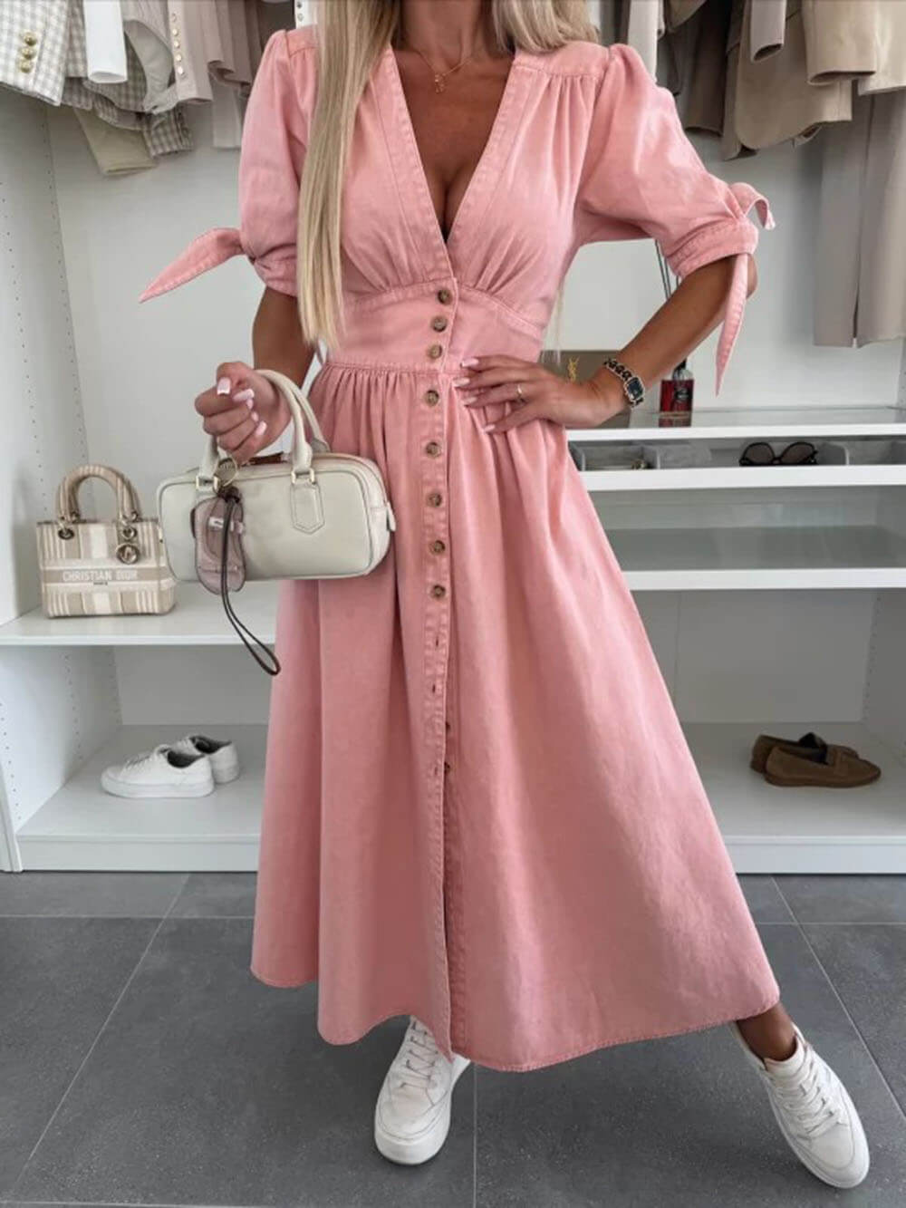 Unique Pleats Solid Color V-Neck Button-Down Denim Midi Dress