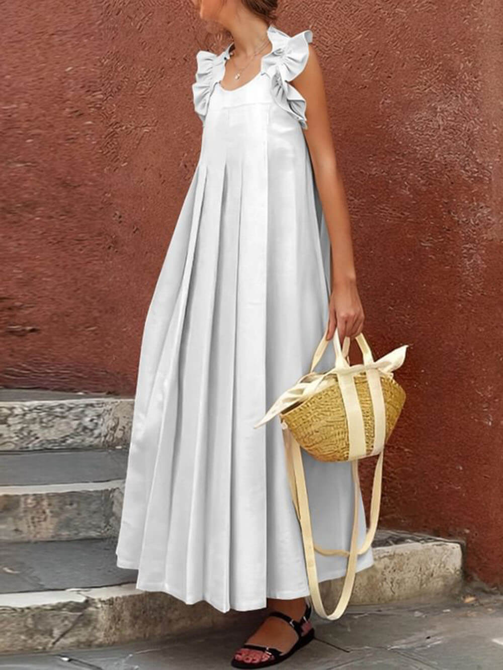 Fashionable And Casual Ruffled Decorative Pleated All-Match Holiday Maxi Dress