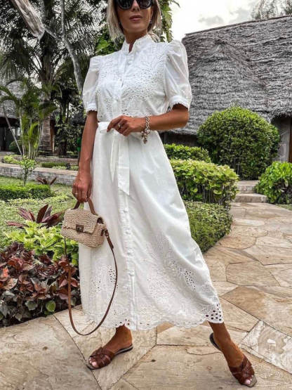 Exquisite Lace Stitching Hollow Waist Wide Swing Dress