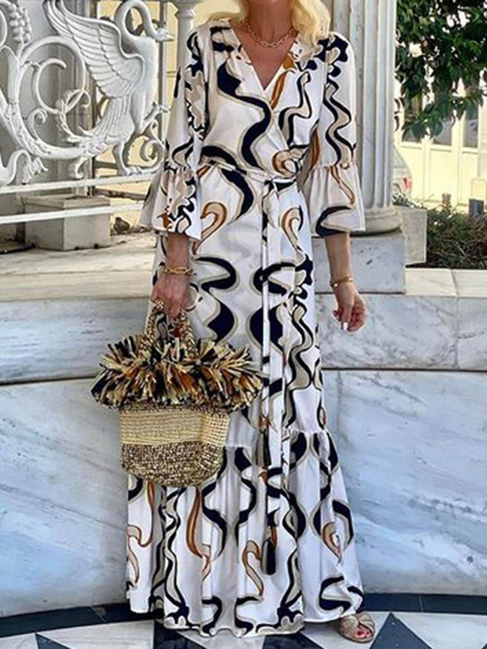 Bohemian Pattern Print Waist Tie Loose Maxi Dress