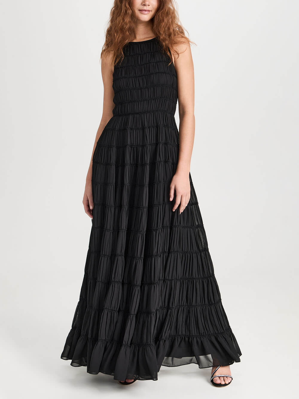 Elegant Texture Rosewood Pleated Stitching A-line Maxi Dress