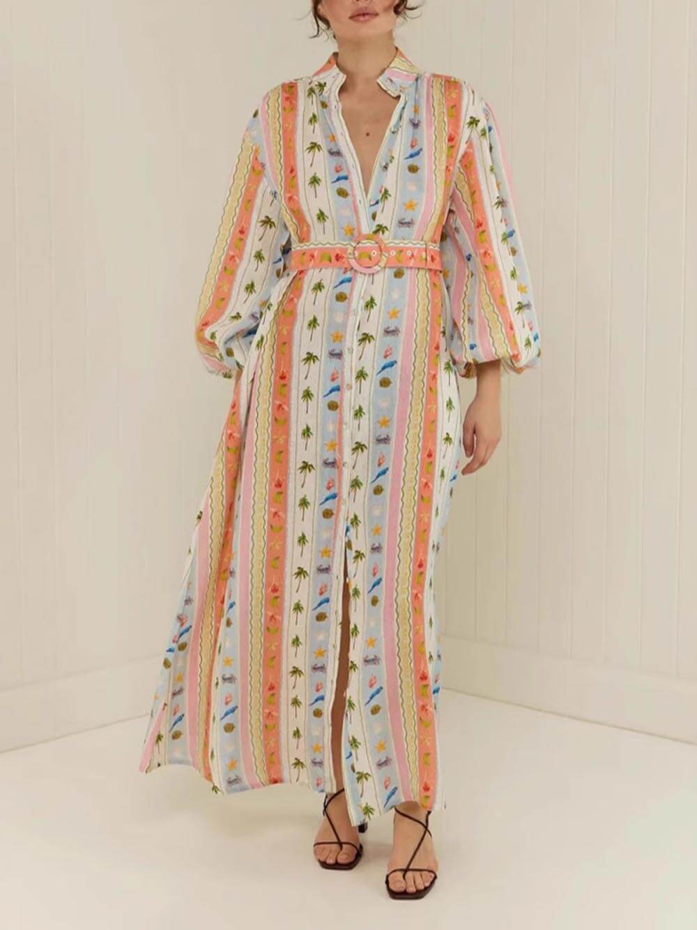 Unique Personalized Printed Casual Linen Cardigan Maxi Dress
