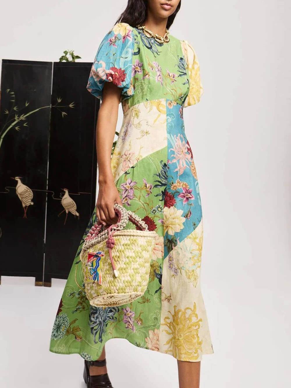 Casual Personalized Graffiti Print Lantern Sleeve Round Neck Linen Maxi Dress