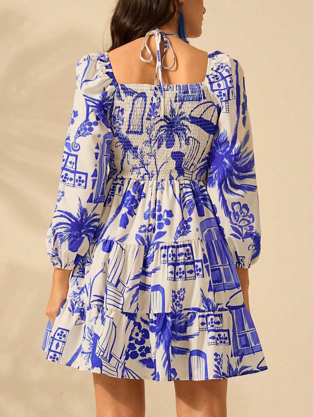 Fashionable And Versatile Flower Bouquet Print Lantern Sleeve Tie Dress