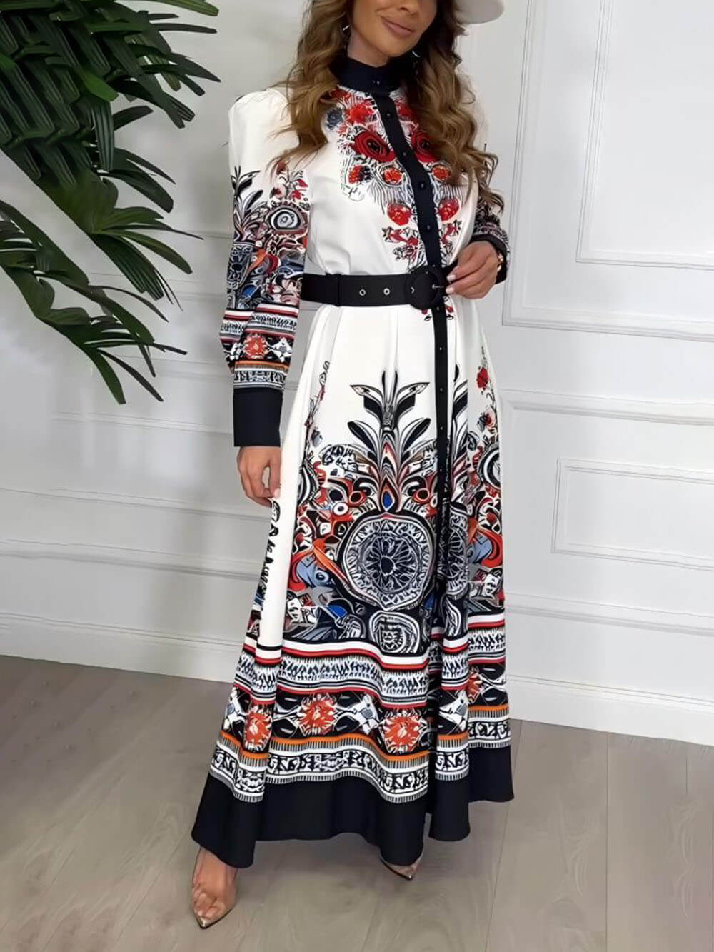 Unique Ethnic Pattern Print Loose Waist Maxi Dress