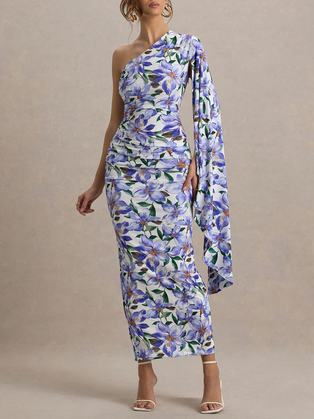 Elegant Floral Print Asymmetrical Cape Sleeves Maxi Dress