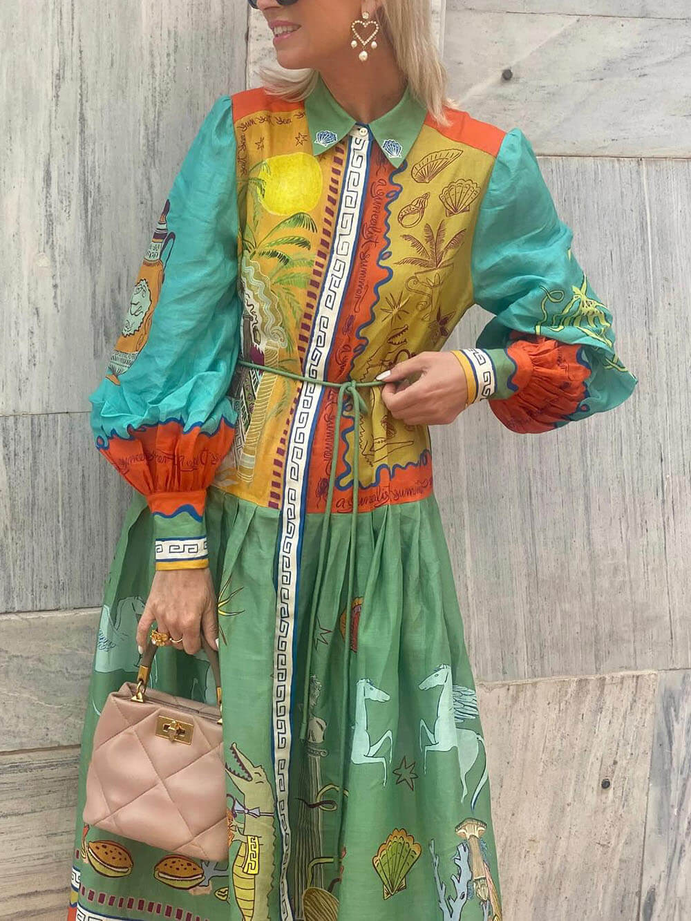 Unique Linen Ocean Animal Print Cardigan Belted Maxi Dress