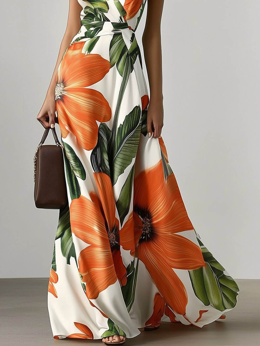 Elegant Floral Print Classic V Neck Sleeveless A-Line Maxi Dress