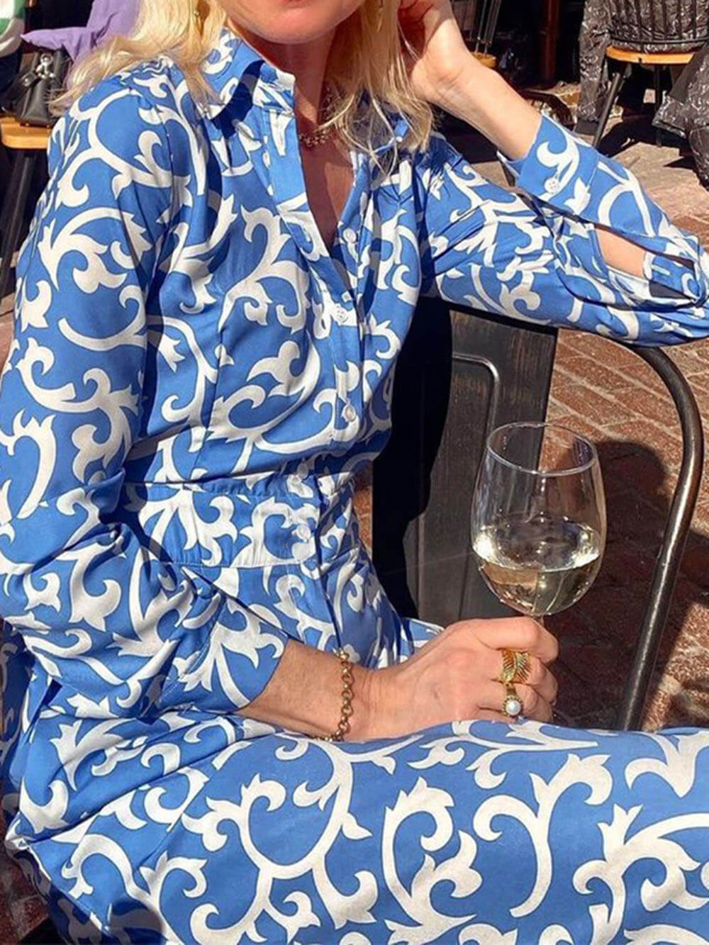 Fashion Print Lapel Waist Midi Dress