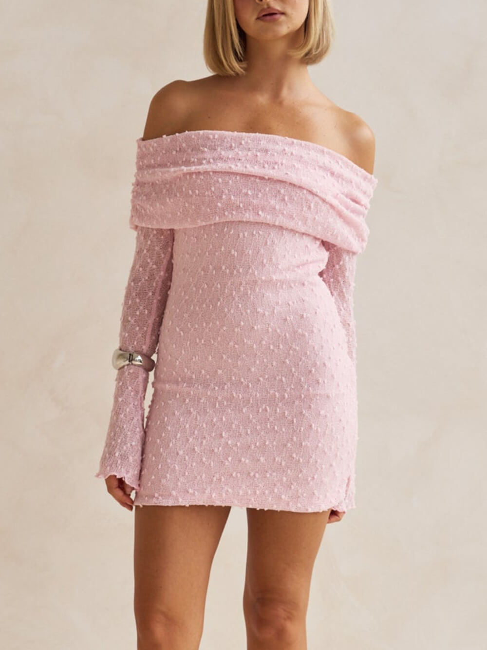 Summer Boucle Knit Off-The-Shoulder Neckline Prom Mini Dress