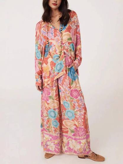 Satin Unique Casual Floral Print Elastic Waistband Pocket Wide Leg Pants