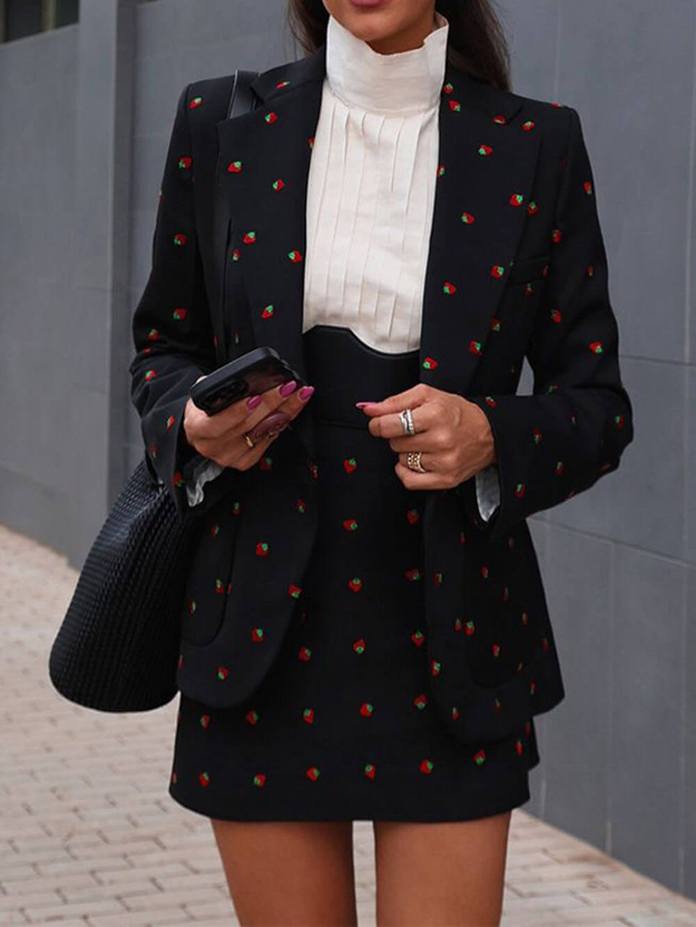 Fashionable And Unique Strawberry Print Slim-Fit Suit Jacket And Skirt Set