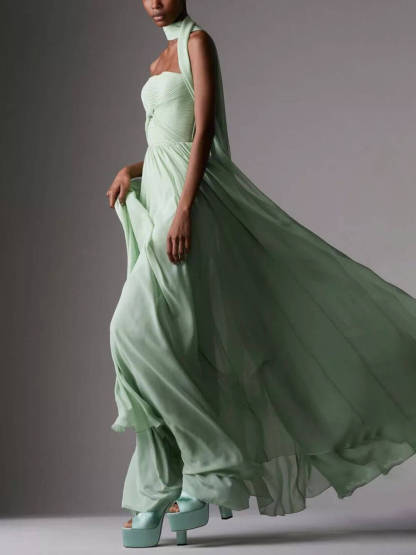 Elegant Sleeveless Pleated Long Skirt With Ribbon Strapless Dress