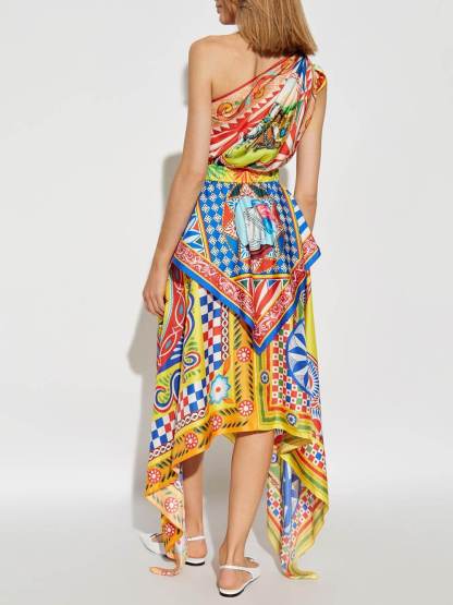 Unique Printed One-Shoulder Irregular Midi Dress