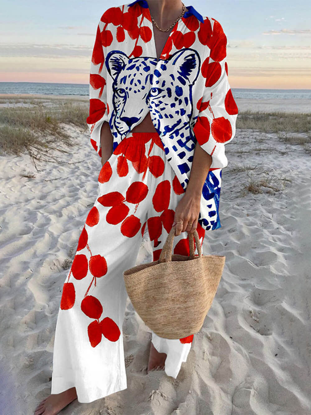 Unique Polka Dot Leopard Print Oversized Shirt and Elastic Waist Pocket Pants Set