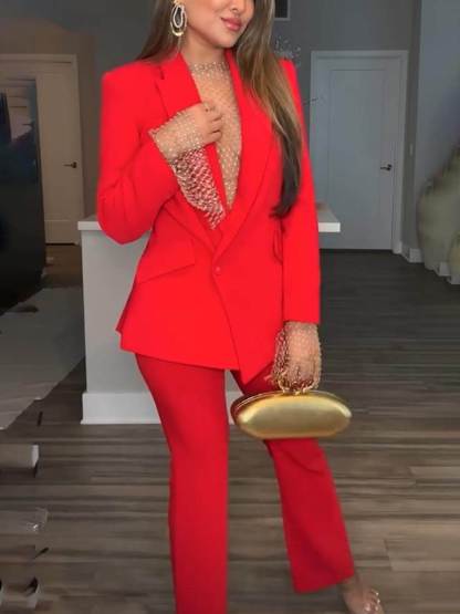 Unique Single Button Lapel Blazer and Elastic Waist Pocketed Straight Suit Pants Set