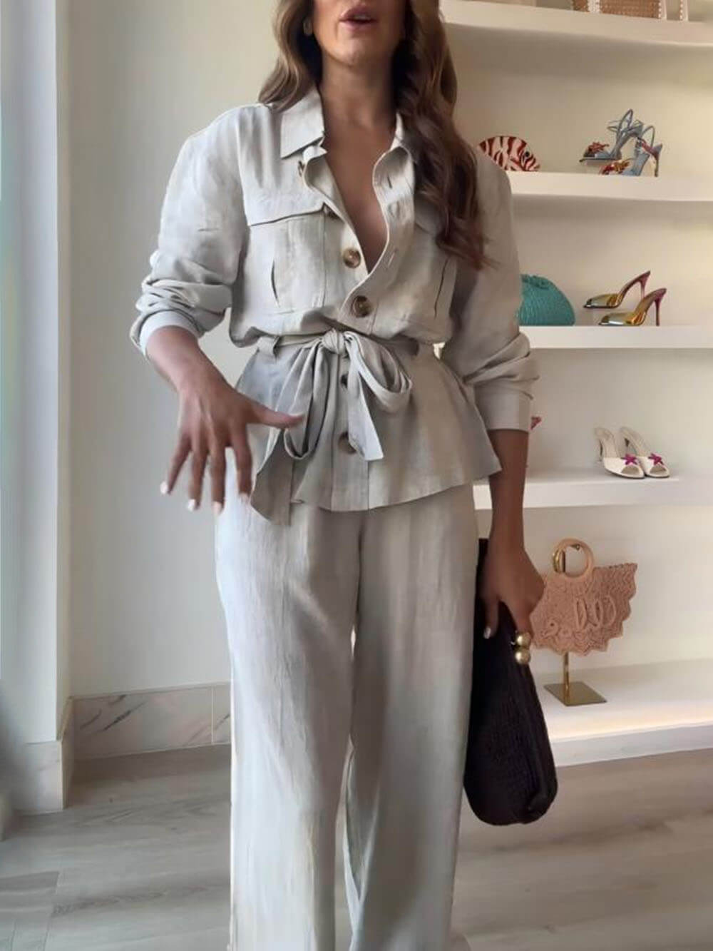 Classic Linen Elastic Waist Pocket Loose Wide Leg Pants