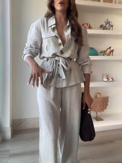 Classic Linen Elastic Waist Pocket Loose Wide Leg Pants