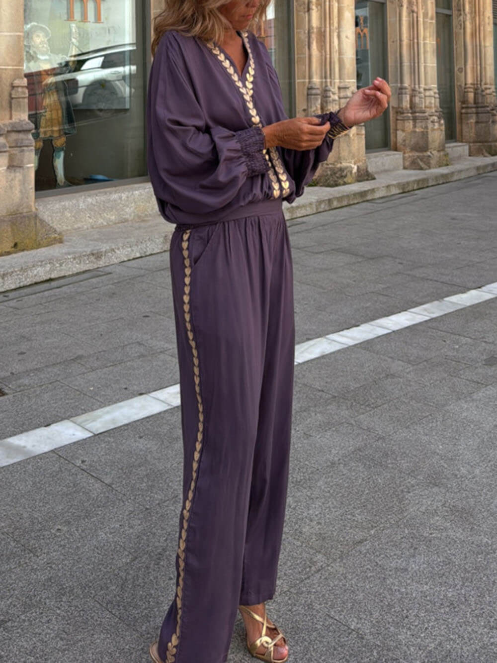 Modern Feel Unique Gold Trim And Elastic Cuffs V-Neck Top