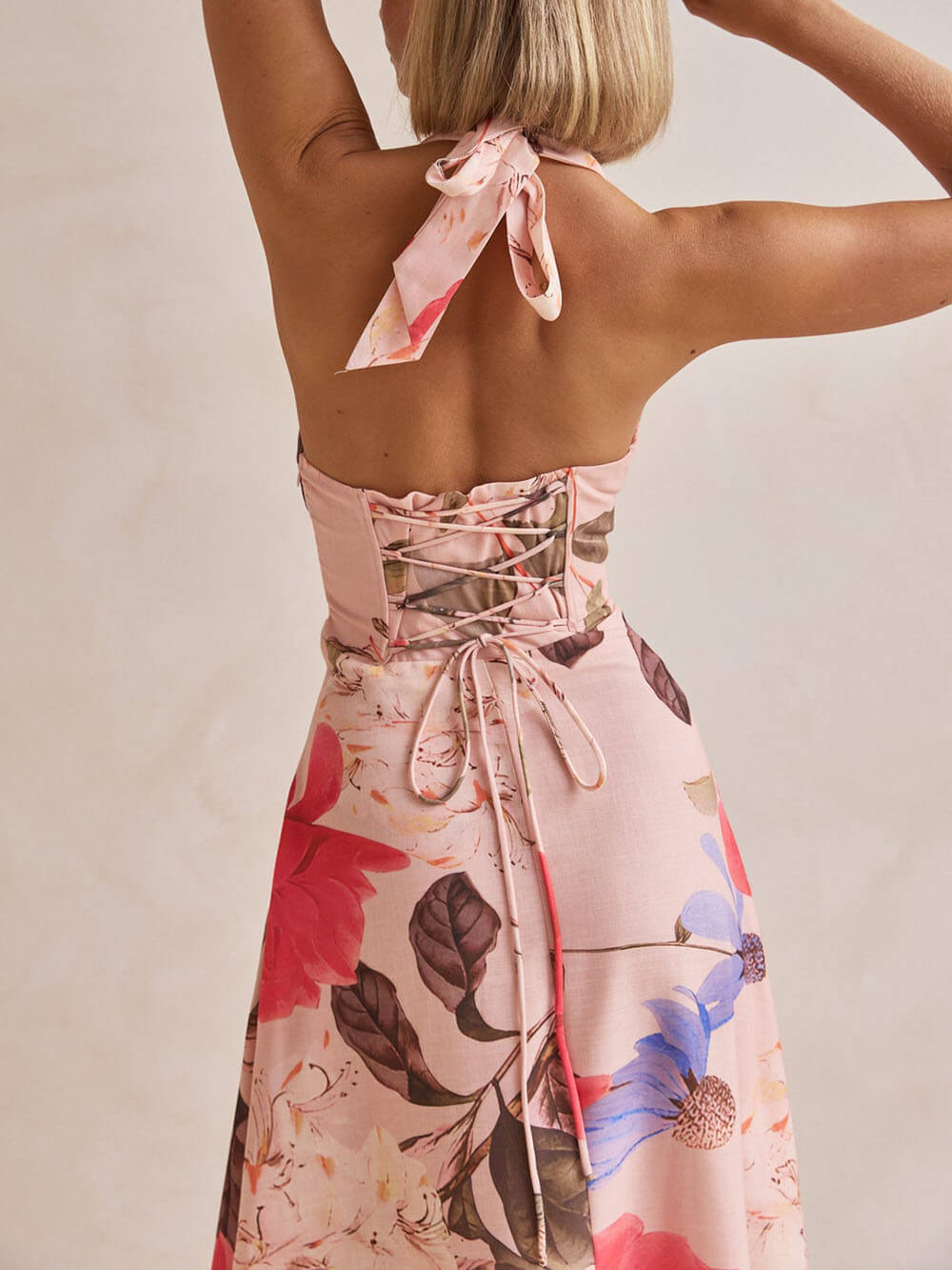 Retro Terez Linen Floral Print Halter Backless Tie-Up Maxi Dress