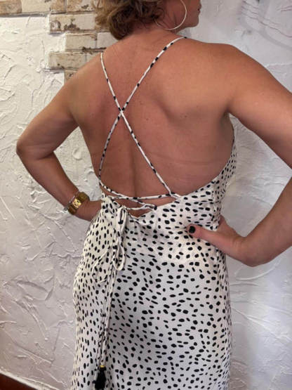 Classic Satin Polka Dot Print Open Back Ties Maxi Dress