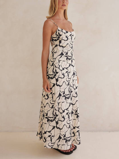 Elegant Black Abstract Printed with Adjustable Straps Maxi Dress