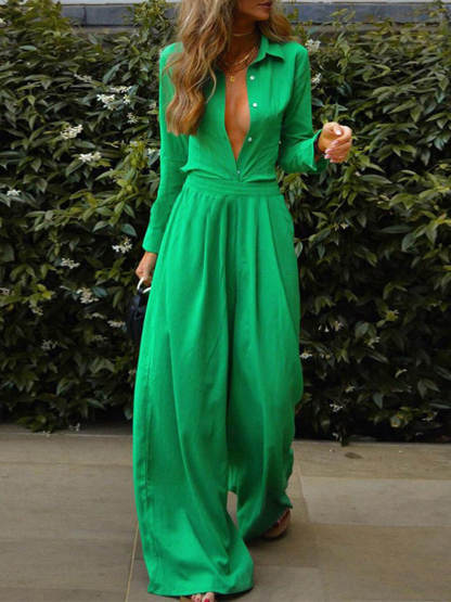 Exquisite And Fashionable Solid Color Button-Down Shirt And Elastic Waist Wide-Leg Pants Set