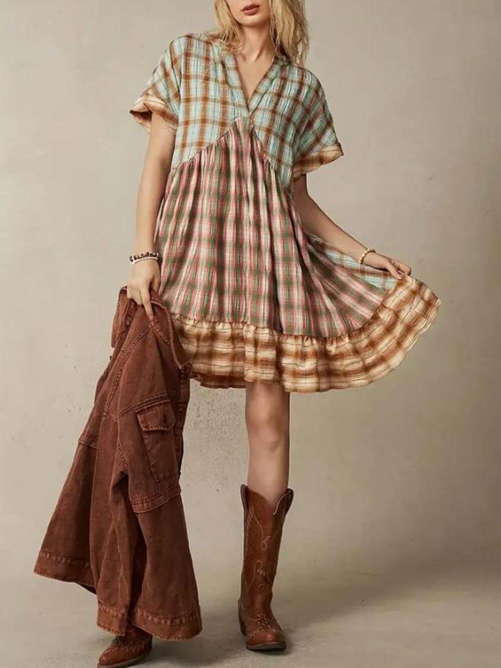 Unique Multicolored Plaid Patchwork Vacation Mini Dress