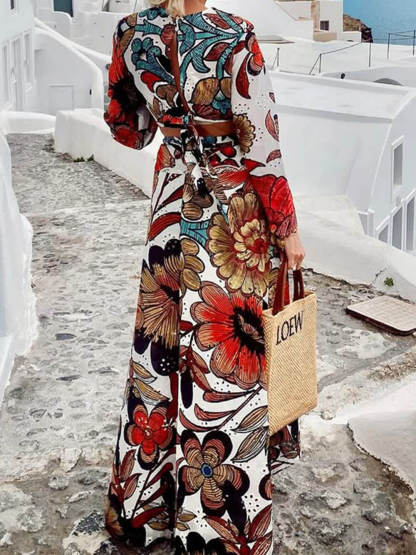 Unique Colorful Print Navel-Baring Lace-Up Maxi Dress