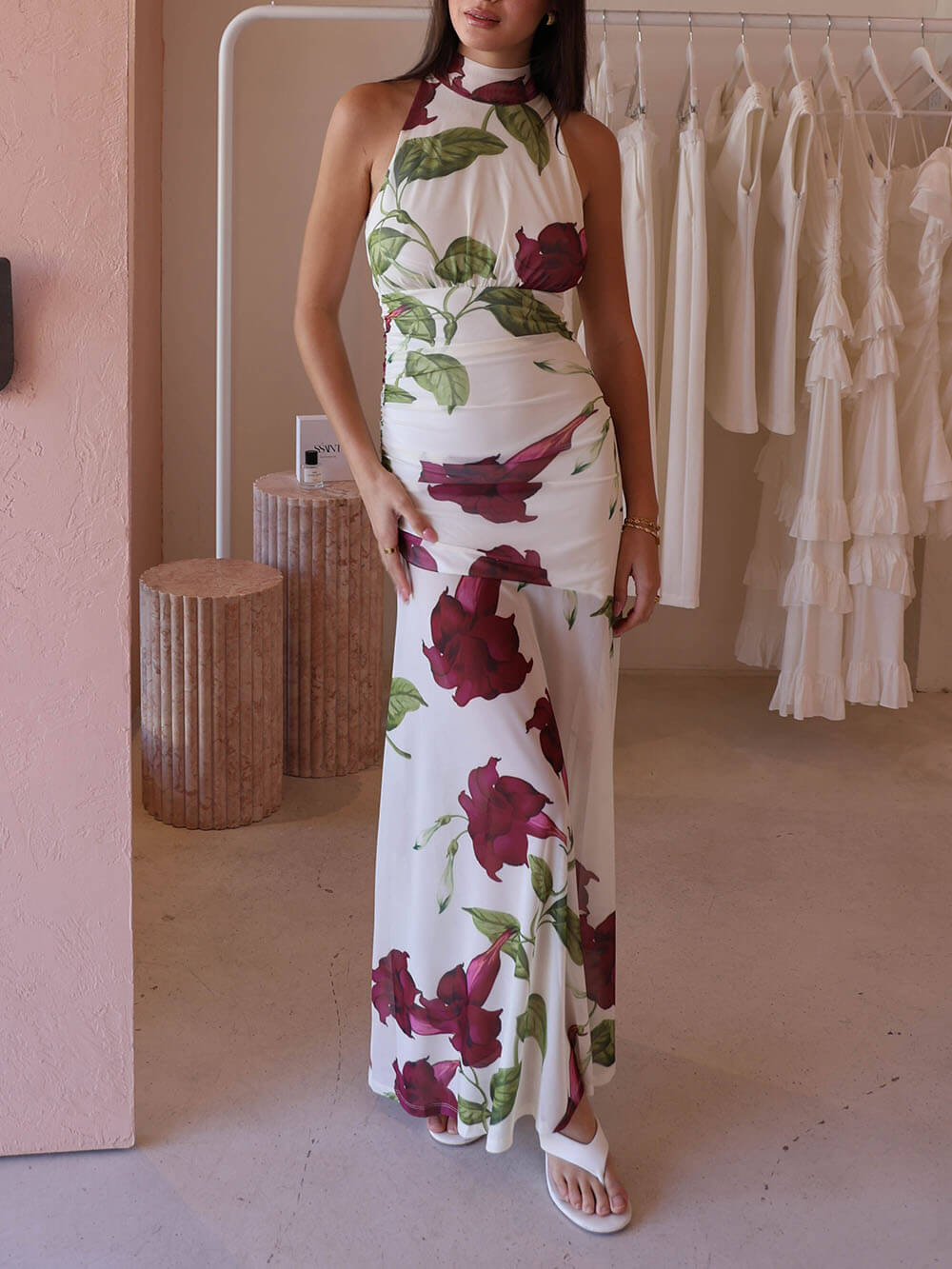 Elegant Bordeaux Floral Print Maxi Dress