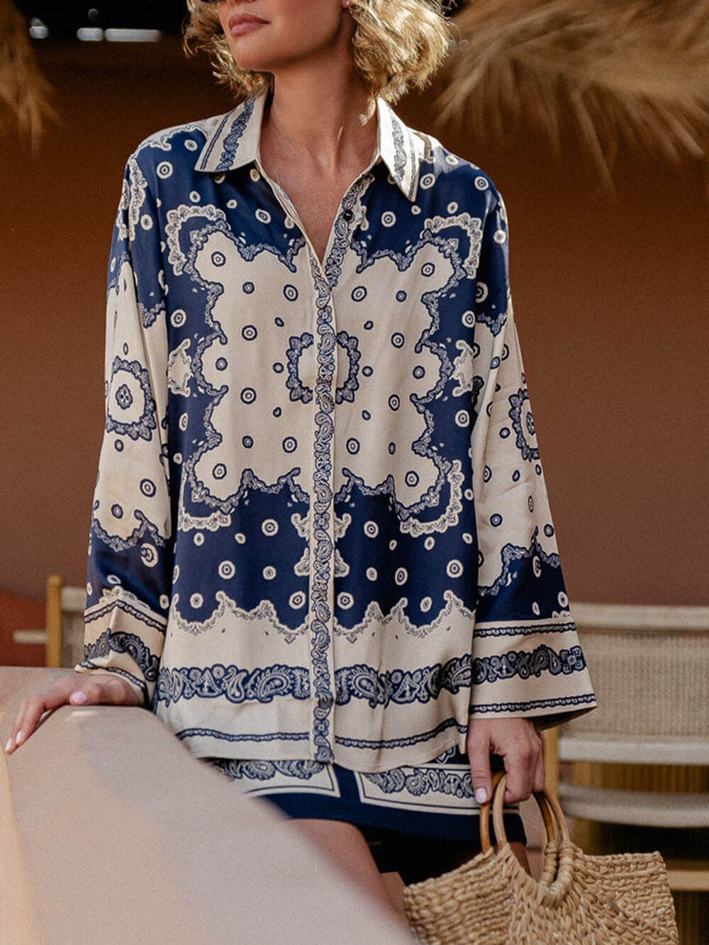 Unique Timeless Look Satin Paisley Print Long Sleeve Blouse