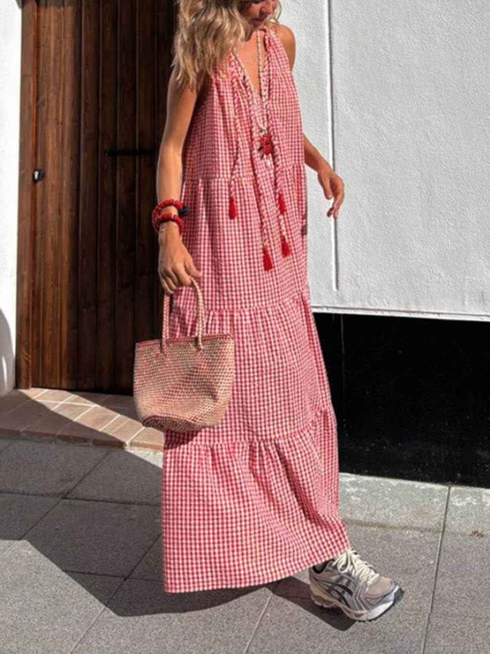 Modern Striped Print Basket Pleated Hem Maxi Dress