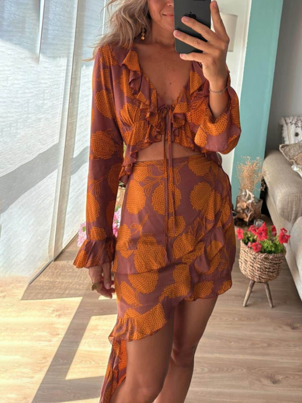 Exquisite Unique Layered Ruffle Patchwork Floral Print Asymmetric Mini Dress