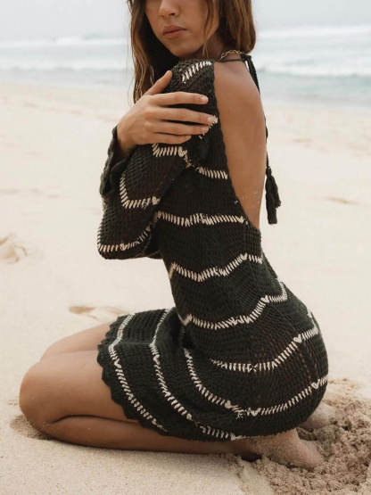 Couple Sexy Striped Backless Button-Up Shirt Top Bikini Cover-Up