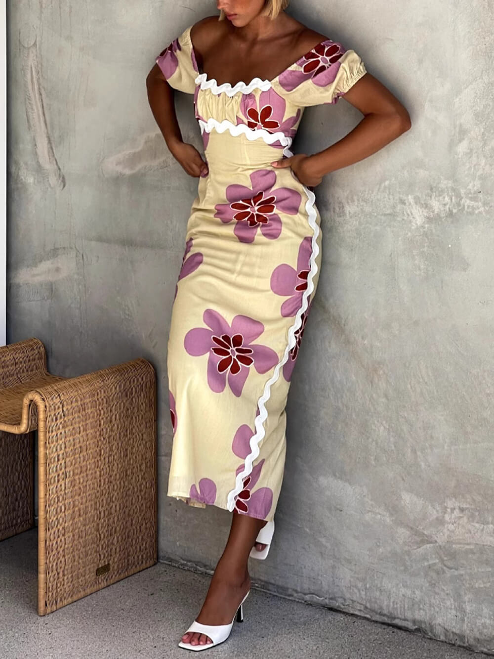 Casual Summer Linen Floral Print Midi Dress