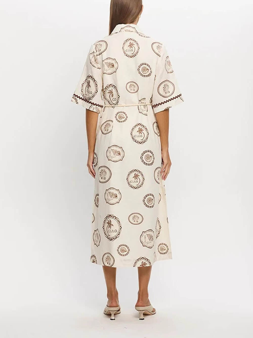 Modern Feel Linen Unique Ocean Print Cardigan Button Midi Dress