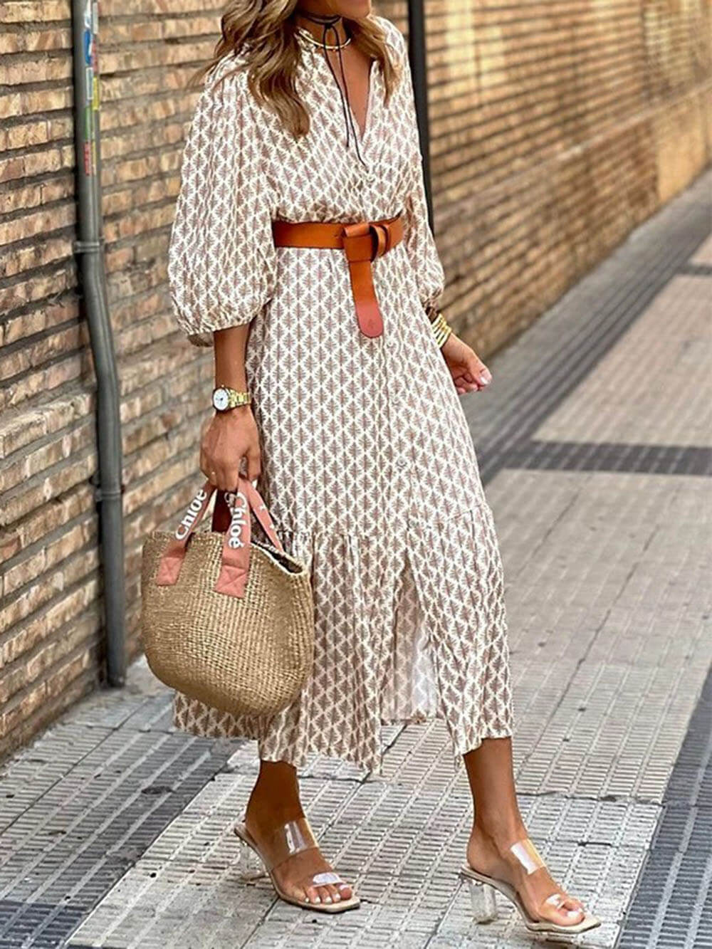 Unique Pattern Print V-Neck Simple Belt Midi Dress