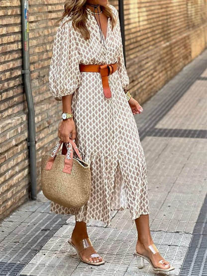 Unique Pattern Print V-Neck Simple Belt Midi Dress