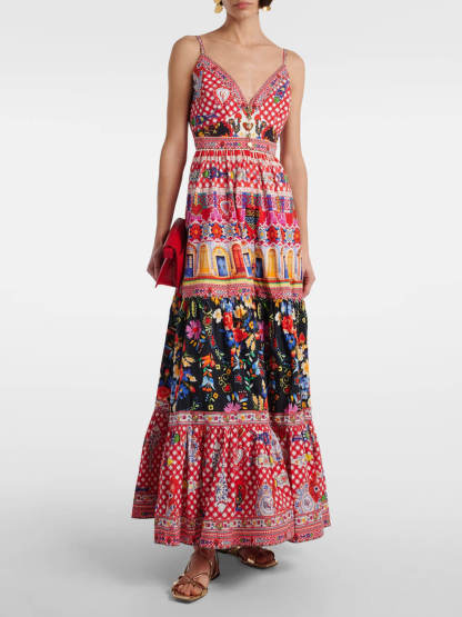Unique Tiered Crystal-Embellished Printed Maxi Dress