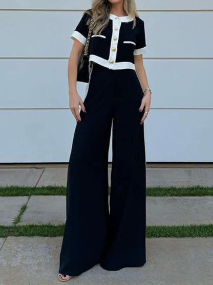 Fashionable Black And White Patchwork Short-Sleeved Top And Straight Pants Set
